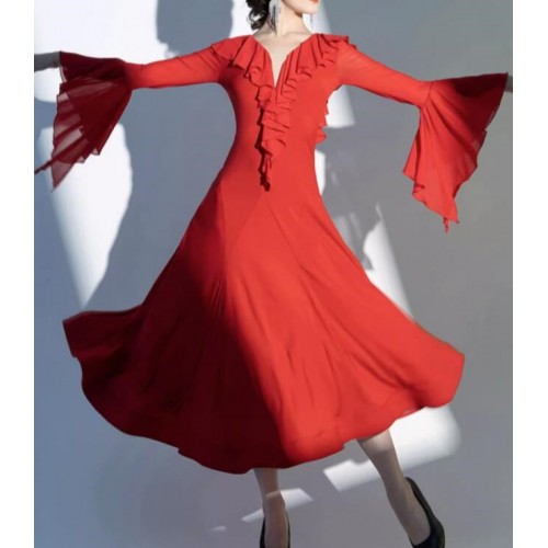 Black red ruffles ballroom dance dresses long flare sleeves for women girls waltz tango flamenco smooth rhythm dancing long swing skirts for female